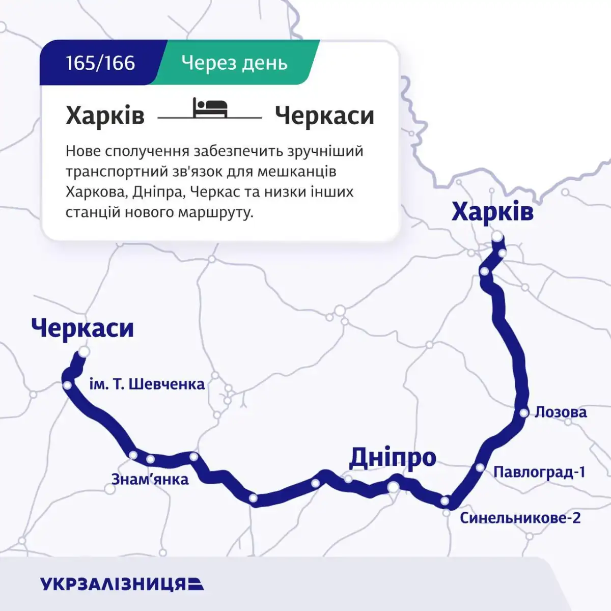 Новий маршрут Укрзалізниці: поїзд Харків – Черкаси зупинятиметься у Знам’янці